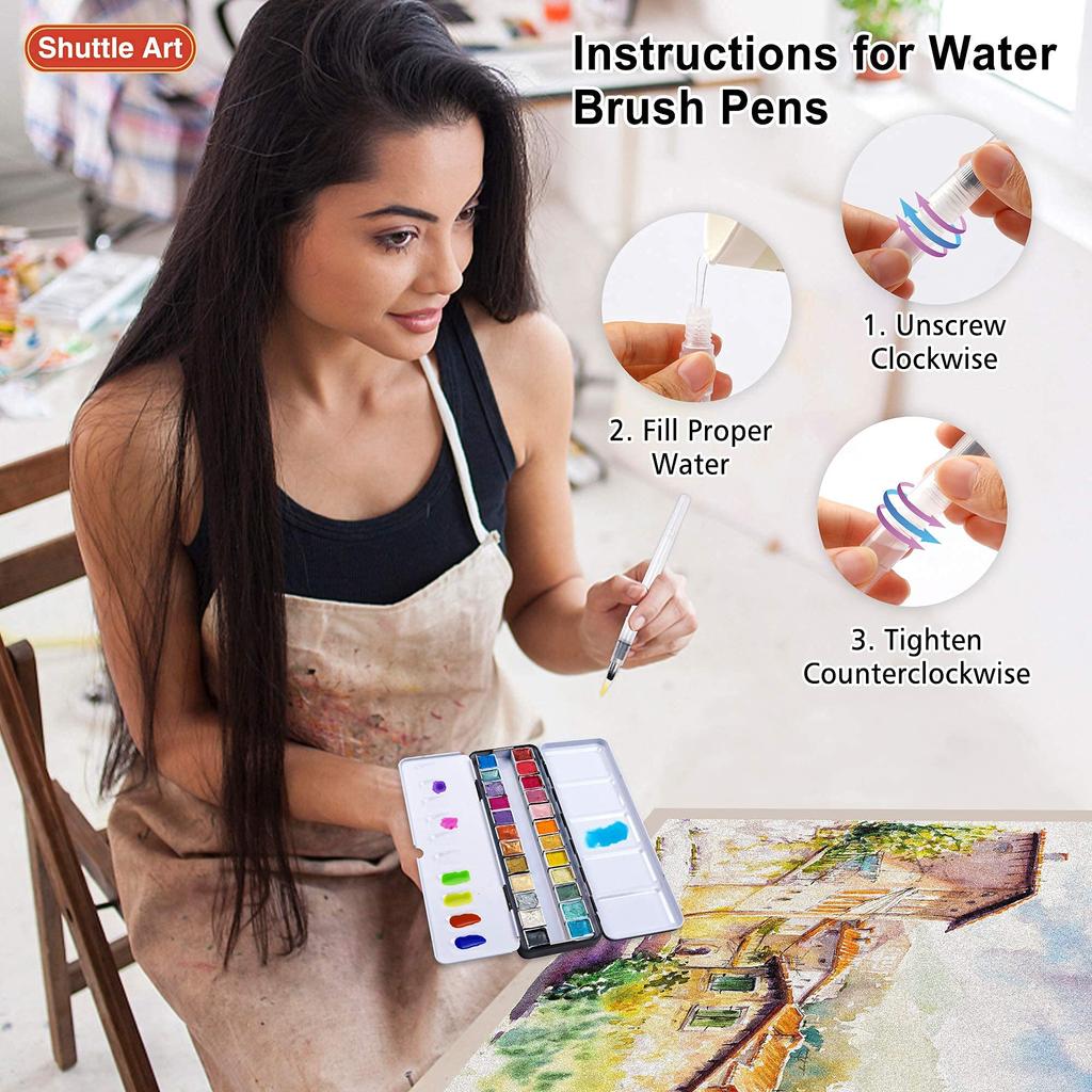 Shuttle Art Solid Watercolor 24 Color Solid Half Metallic Pareto Water Brush Includes Drawing Pearl Good Easy To Quick Outdoor Coloring Learning Art