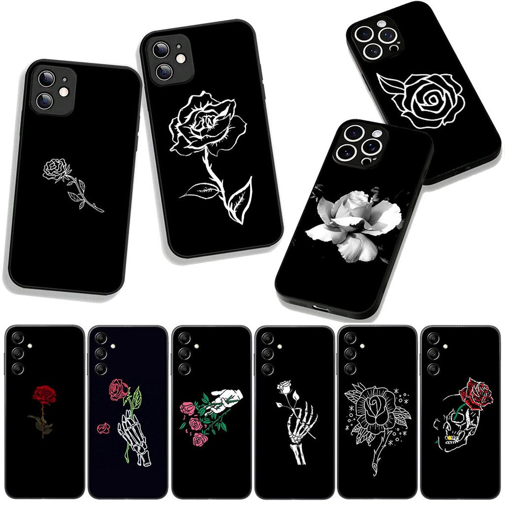 For Apple iPhone 16 15 14 Plus 13 12 Mini 17 Pro Max + ProMax 16E Air 15+ Phone Cover Case Black White Rose Flower Casing