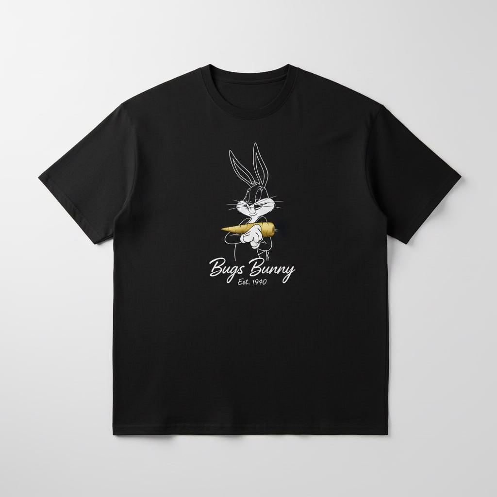 Minimalist Cartoon Bunny Graphic Tee Retro Line Art Black Shirt XXXXL