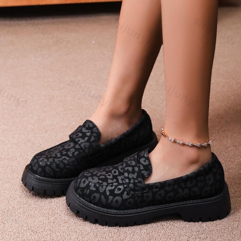 Женские лоферы 2026 Осенняя мода Леопардовые Толстый каблук Платформа Британский стиль Повседневная обувь Круглый носок Большой размер 41 Zapatos Mujer 35 чёрный 2600₽
