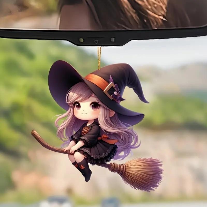 Halloween Acrylic Car Decoration Pendant Cartoon Witch Broom Supplies Interior