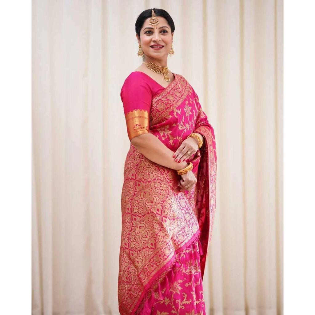 Silk Saree from the ALMAARI Store Is Adorned with Beautiful Zari Work In Form of Traditional Motifs.