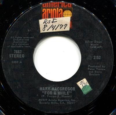 7inch Record MARY MACGREGOR - For A While / The Lady I Am 7667 ARIOLA AMERICA 1977 US Rock Used