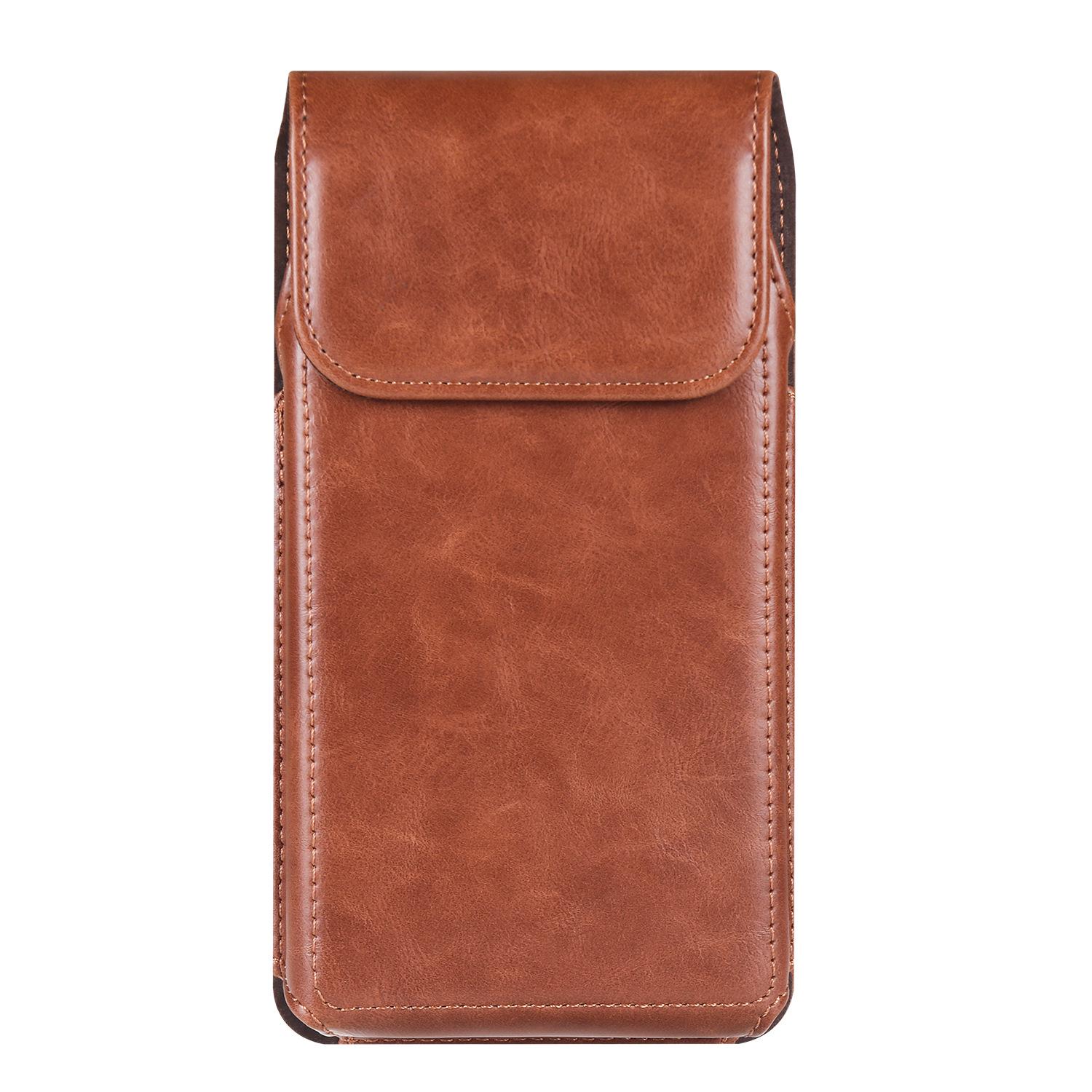 Men’s Vertical Leather Phone Bag with Belt Loop - Crazy Horse Pattern, Waist Clip, Single-Layer Magnetic Buckle 6.7 inches светло-коричневого