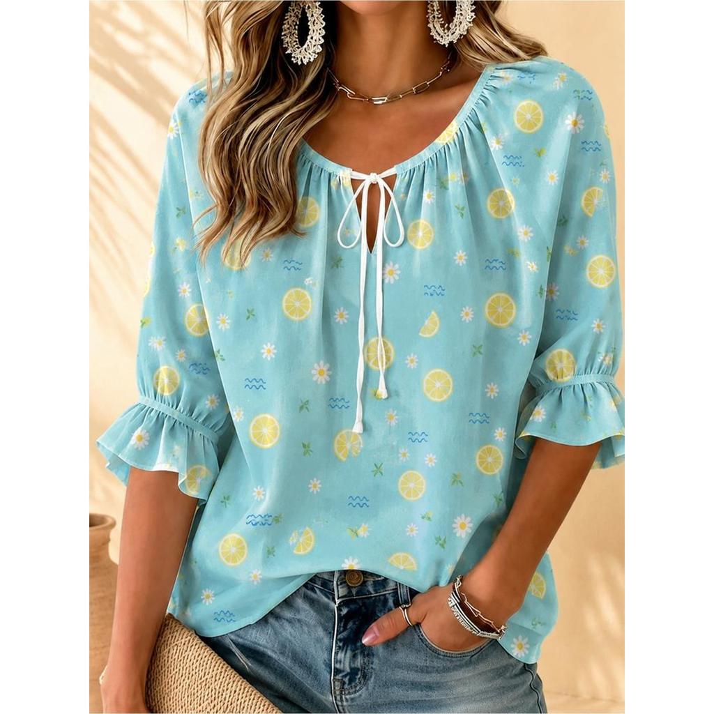 Women's Round Neck Tie Front Leaf Print 3/4 Ruffle Sleeve Blouse Dating Office Daily Spring Summer Tops