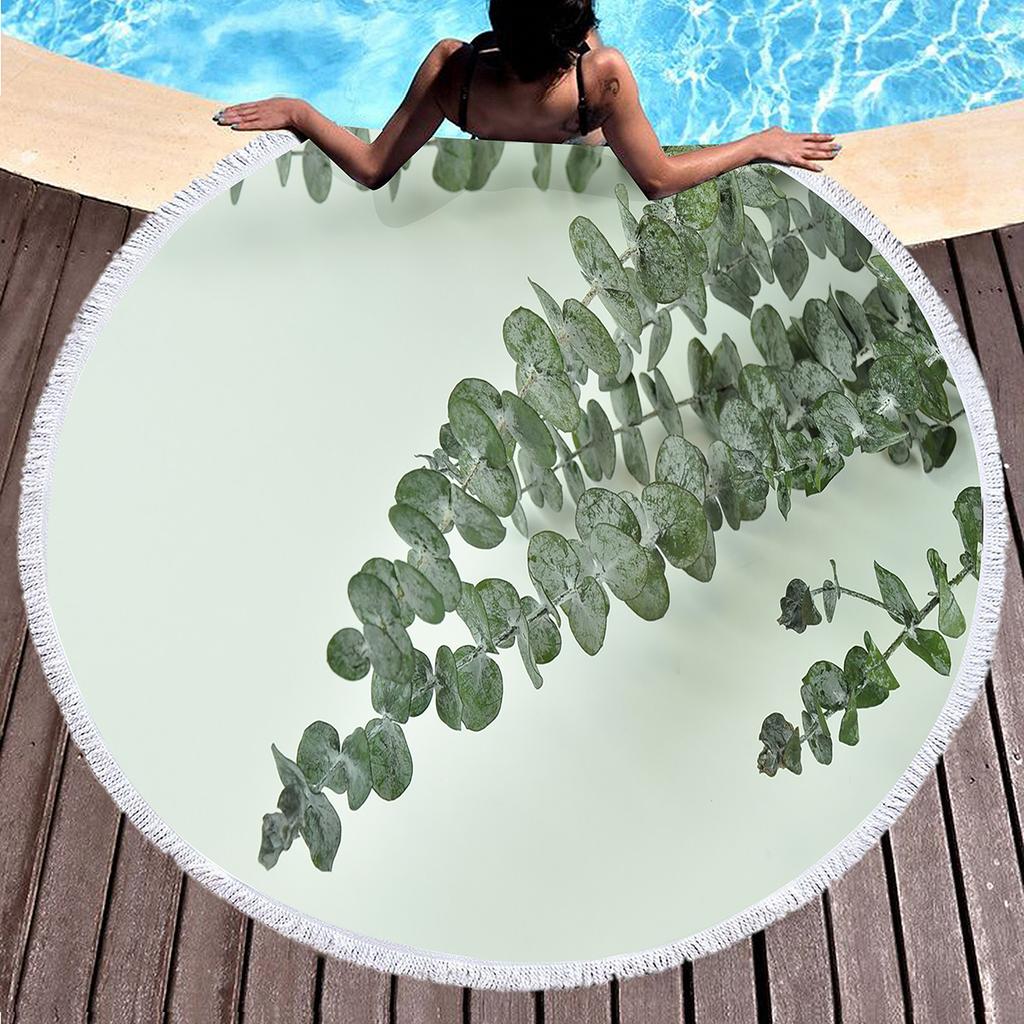 Summer Leaves Round Beach Towel Eucalyptus Leaf Garland Microfiber Beach Blanket Soft Absorbent Quick Dry Bath Towel Picnic Mat