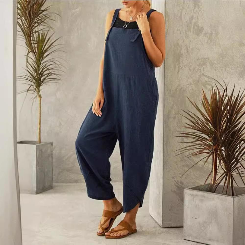 Pantaloni da donna FiveFive in cotone e lino, taglie forti, con bretelle, tinta unita, casual, taglie forti XS-5XL