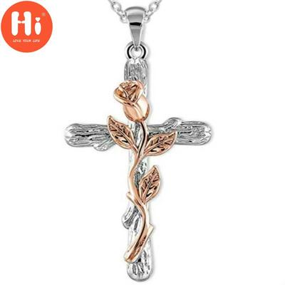 Hi Rose Blumen-Kreuz-Anhänger-Kette, Halskette, Schmuck, Geschenk für Frauen, Schmuck-Geschenk