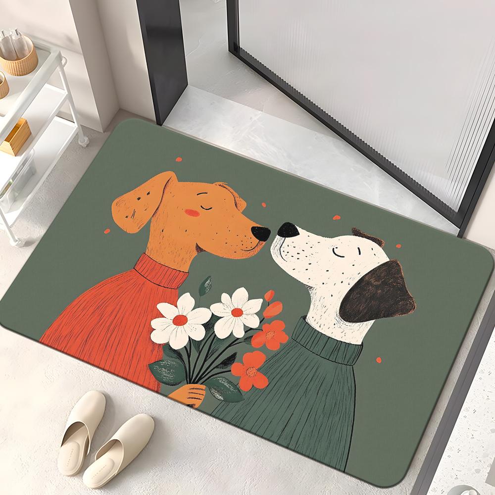 

1pc Cute Dogs with Flowers Doormat Non-Slip Absorbent Microfiber Rug for Bathroom Bedroom Living Room Entryway 40x60cm