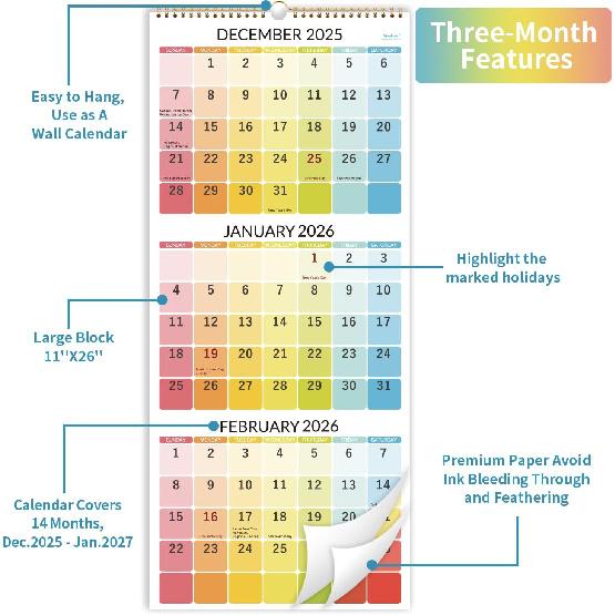 2026 Wall Calendar - 3 Month Wall Calendar 2026 Vertical, Dec. 2025 - Jan. 2027, 11.3" x 26", Calendar 2026, Lay - Flat, Holidays, Blocks
