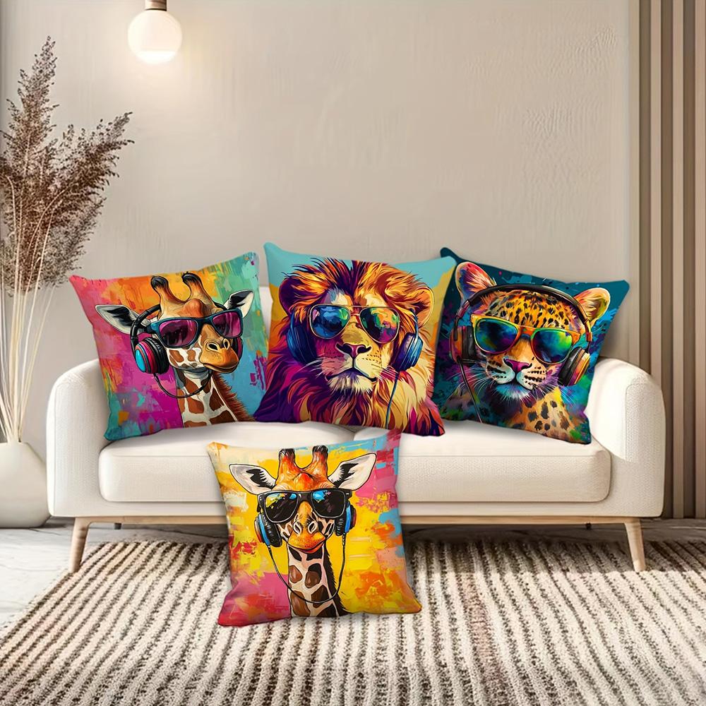 Adorable Animal-Print Pillows with Sunglasses and Headphones: Giraffe, Lion, and Leopard Designs! Sofa Cushion Cover