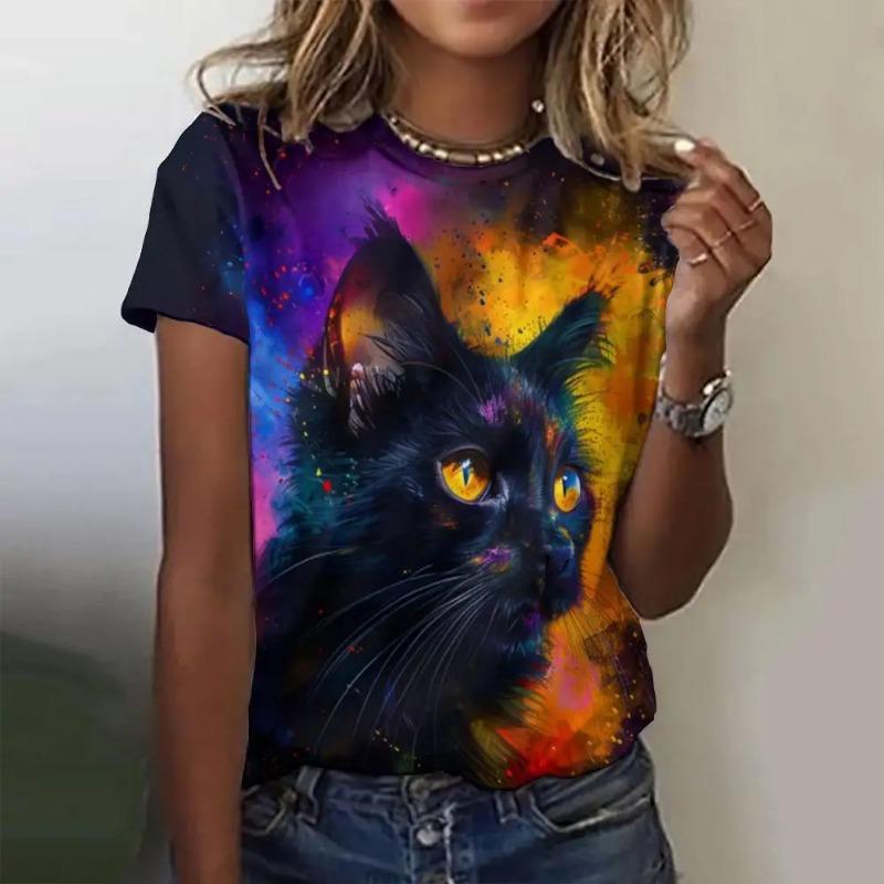 Summer O-Neck Short Sleeve Women's T-Shirt 3d Printed Black Cat Pattern T-Shirt Pullover Top Fashion Street Female Clothing 2024