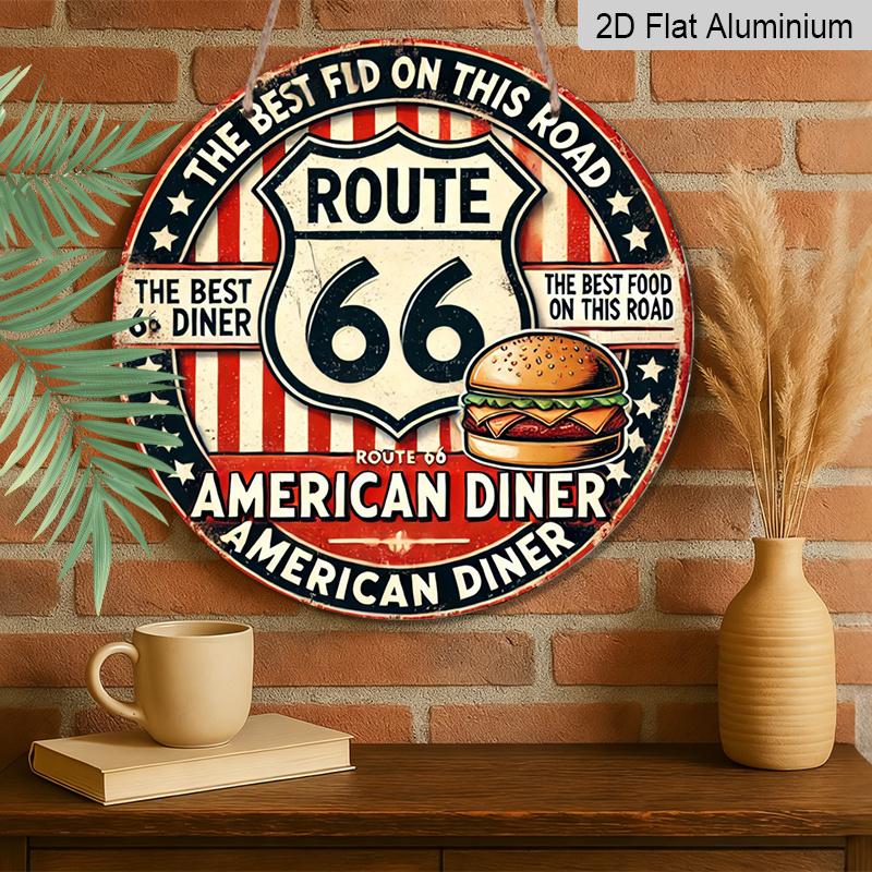 2D Flat 1pc, 8x8 in, Vintage Route 66 Metal Sign - Durable Aluminum, American Retro Diner Decor with Classic Hamburger Design, Ideal for Home