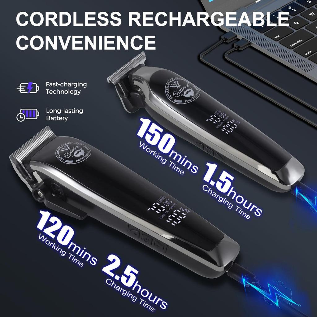 Hatteker Electric Clipper 2 PC Set 4-Level Power Digital LCD Display Men's Oil Head Sculpting with Precision USB Charge