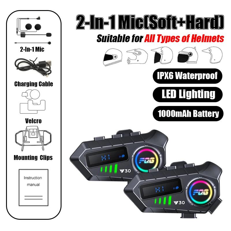 Y30 Motorcycle Intercom Bluetooth 6.0 Helmet Headset Led Light Moto intercomunicador For 2 Riders Voice Control Wireless Speaker Moto Accessories