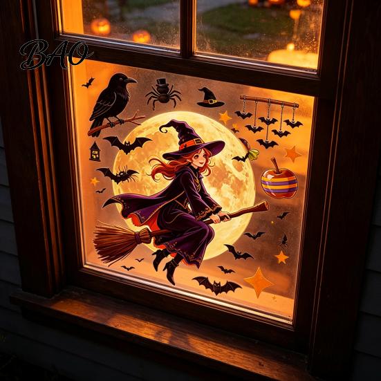 Spooky Theme Party Supplies Halloween Static Window Clings, Glass Stickers with Ghost Cat Bat Shop Displays Patterns, Reusable Holiday Decals