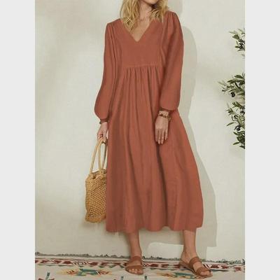 2024 Spring Cotton & Linen Lantern Sleeve Dress - Women's Fashion, Loose Fit, European & American Style