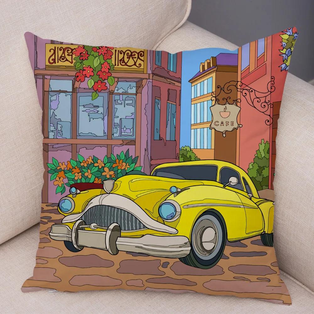 Both Sides Pillow Case Decor Happy Camper Cartoon House Travel Car Cushion Cover for Sofa Home Super Soft Plush Pillowcase