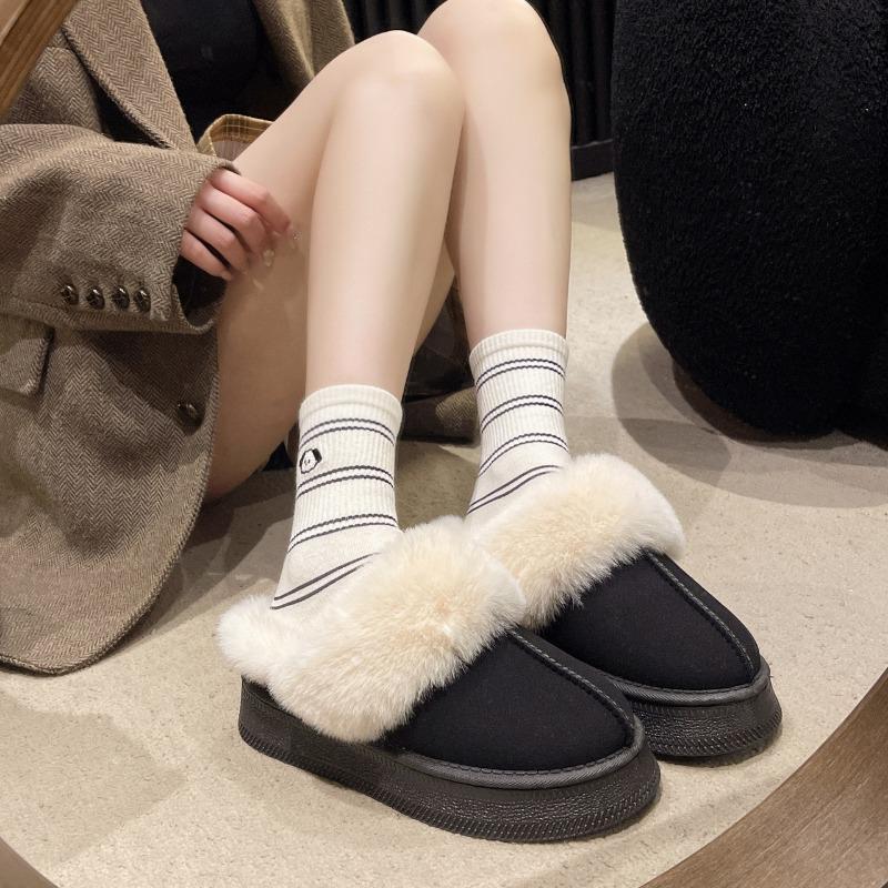 New Large-sized Cotton Shoes with Fleece, Flip-flops, Thick Soles and One-step Pedals for Warmth