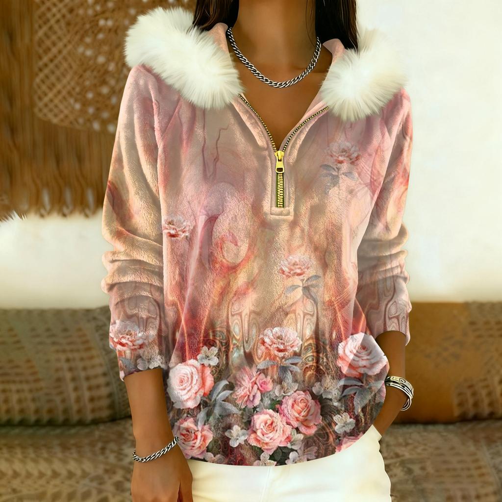 Lässiges und bequemes Damen-Freizeit-Top mit Kapuze, halbem Reißverschluss, langen Ärmeln und klassischem Aufdruck