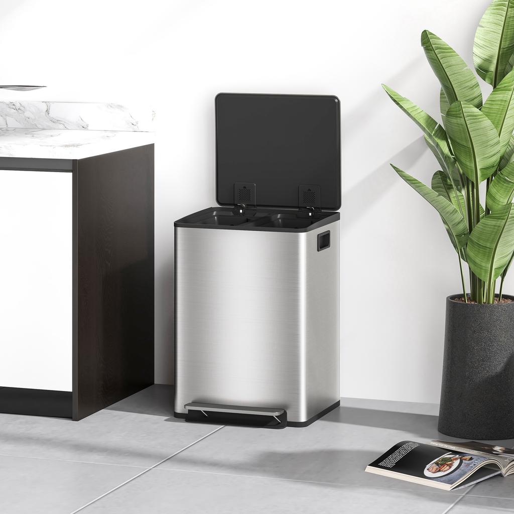 40L Dual Compartment Stainless Steel Bin, with Deodoriser Holders - Silver Tone