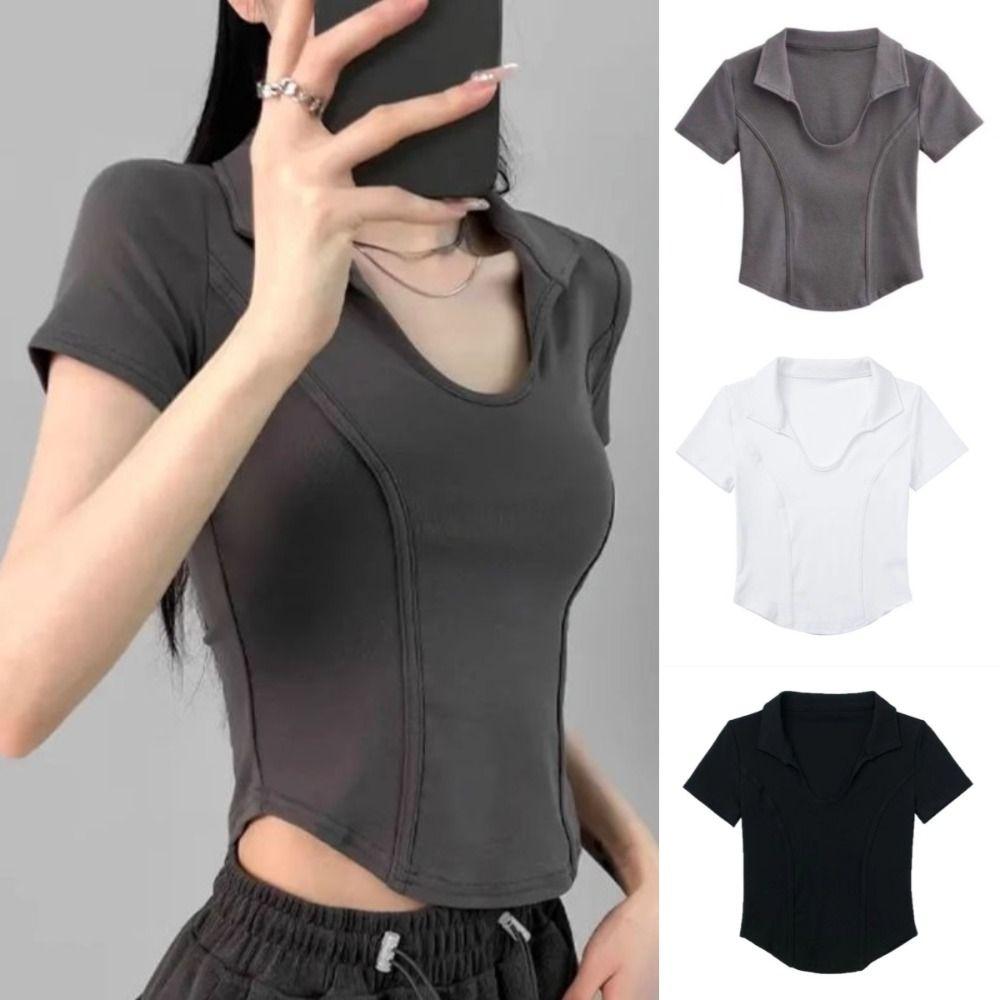 V-neck Short Sleeve T Shirt Pullover Flip Neck Blouses Fashion Y2k Crop Tops Women  Woman