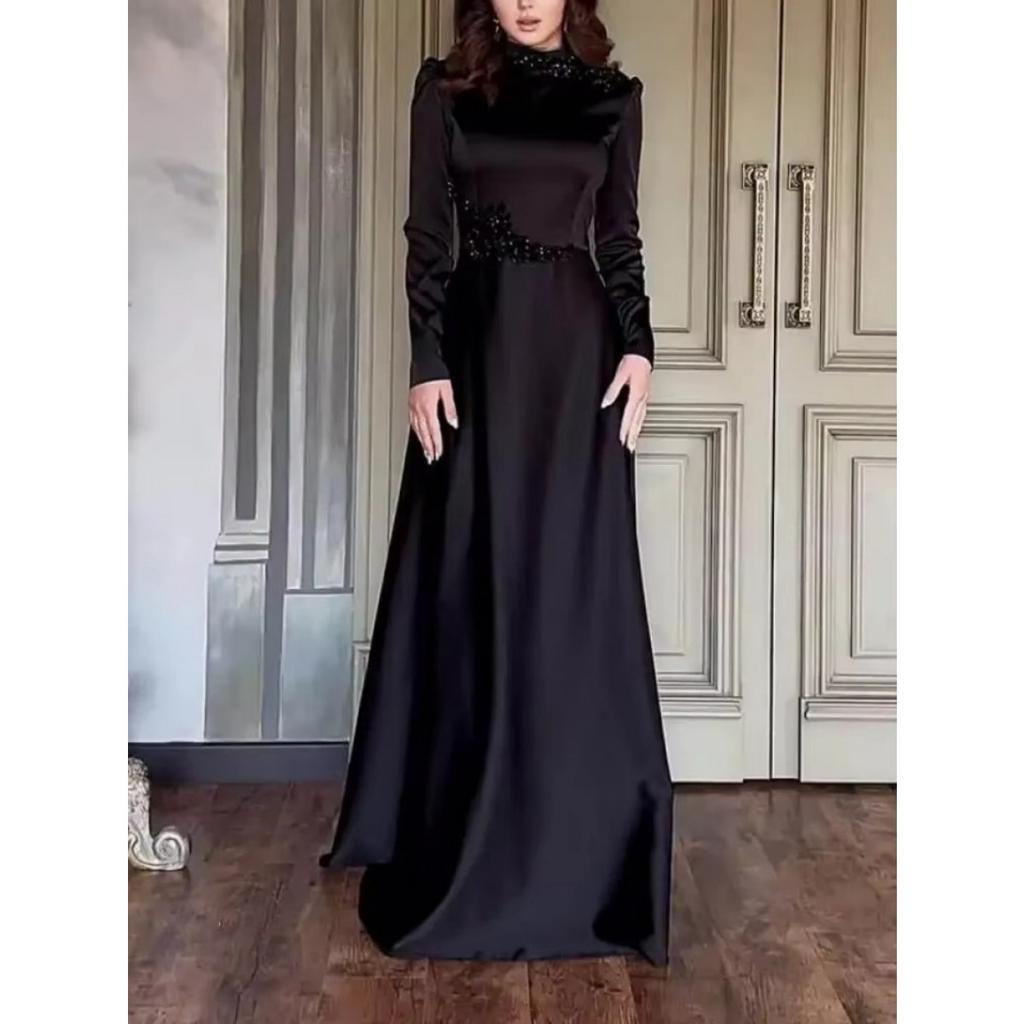 Spring Summer New European American Solid Color Long Sleeve Slim Lace Trim Retro Elegant Party Dress Gown