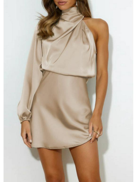 2024 Spring Women's Satin One-Shoulder Mini Dress with Long Sleeves