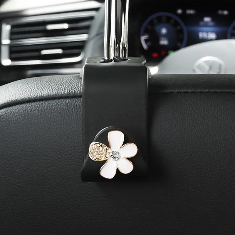 Cute Car Seat Back Hooks Diamond Camellia Flowers Decor Cartoon Bears Car Interior Storage Hook Handbag Hanging Holder Hook