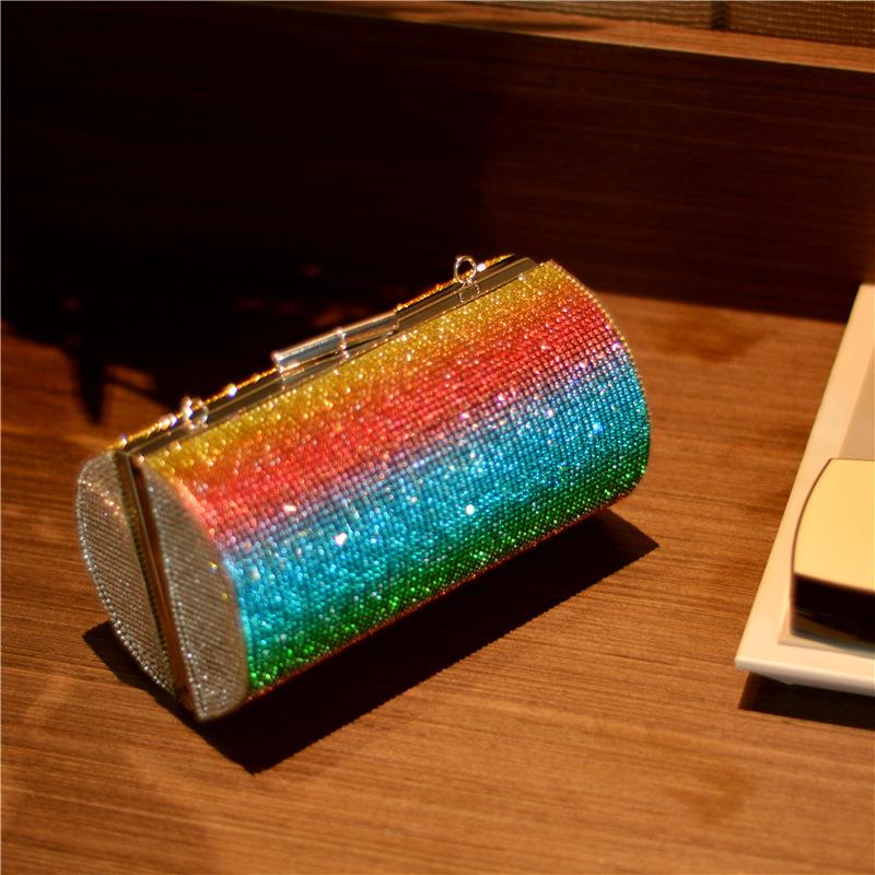SCIONE Rainbow Rhinestone Dinner Bag Diagonal Bag Female Diamond Cylinder Shoulder Bag Banquet Bag