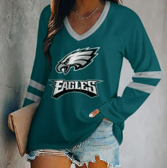 2024 Women's V-Neck NFL Team Long Sleeve T-Shirt with 3D Print Design