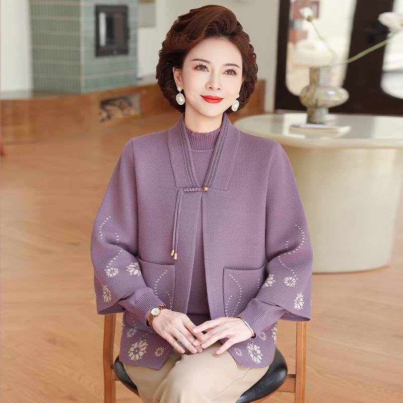 

Autumn Knit Two-Piece Set for Mature Women: National Style Cardigan & Dress 3XL (suggested for 130-150 jin) фіолетовий