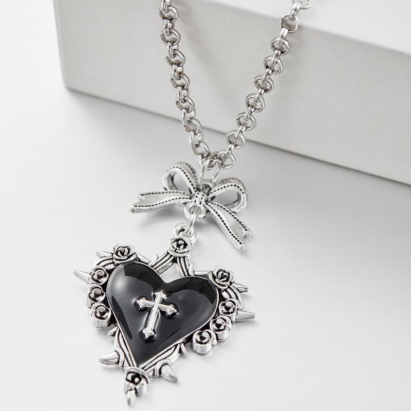 Gothic Y2K Thorn Rose Bow Heart Pendant Necklace Women's Retro Vampire Accessories Witch Party Jewelry Gift Choker