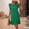 Women Summer Solid Color One Piece Dress Loose Ruffles Fly Sleeve Above Knee Holiday Beach