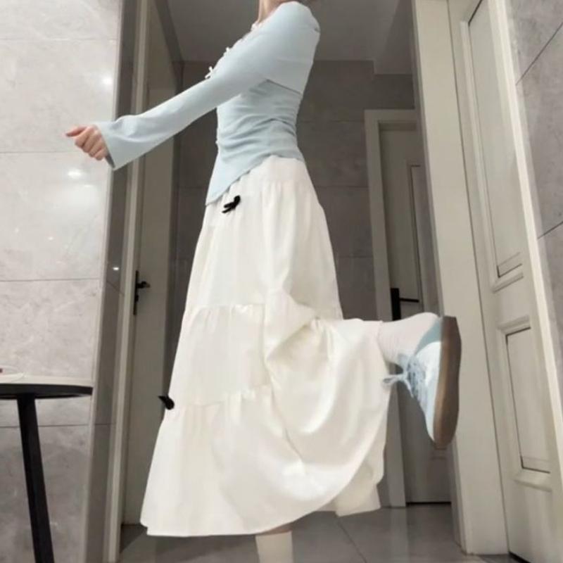Women's White High-Waist A-Line Umbrella Skirt with 3D Bow - Tiered Cake Design for Spring/Autumn - Slim-Fit Elegant Style