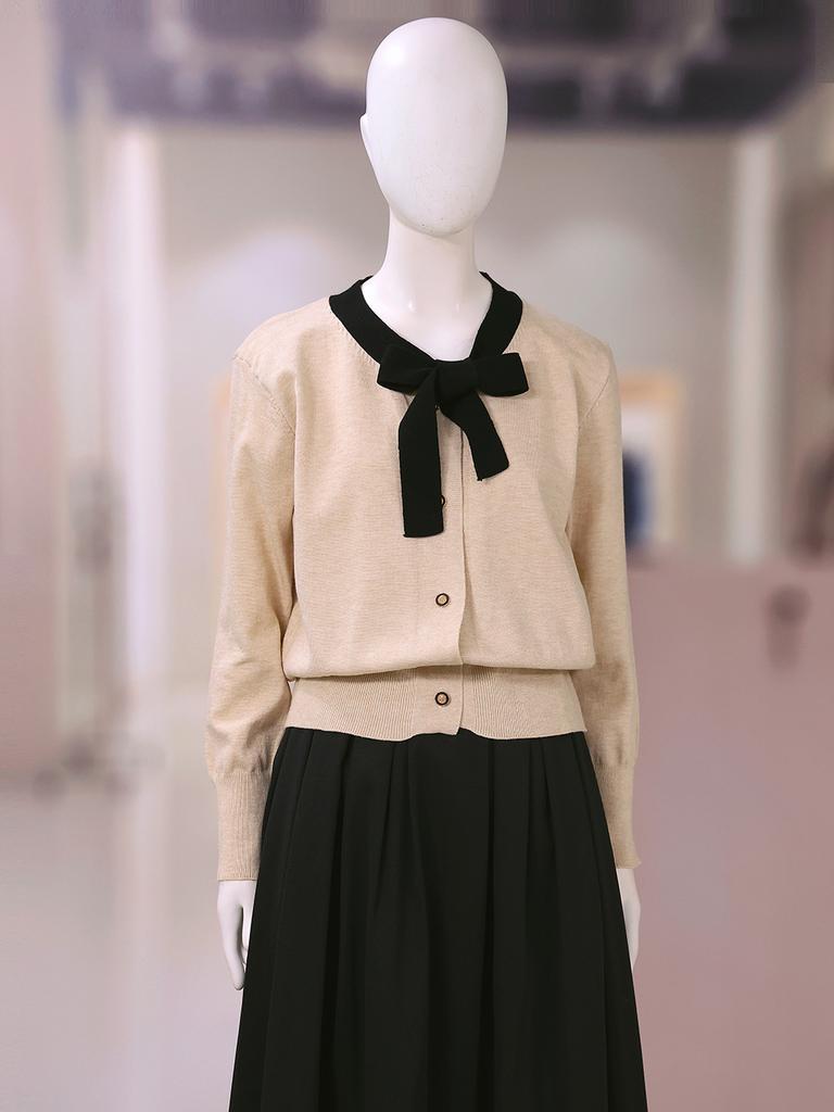 Le shop Tie Neck Color Block Button-up Long Sleeve Knit Cardigan TQ2KC327