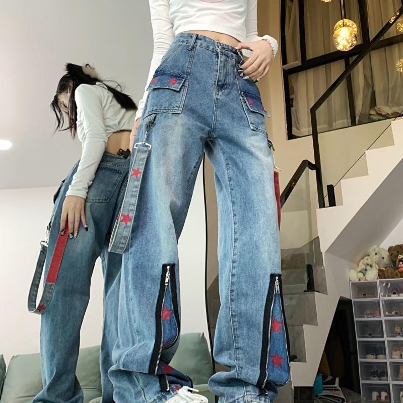 Straight Retro Zipper Star Work Jeans for Men and Women High Street Wide Leg Pants