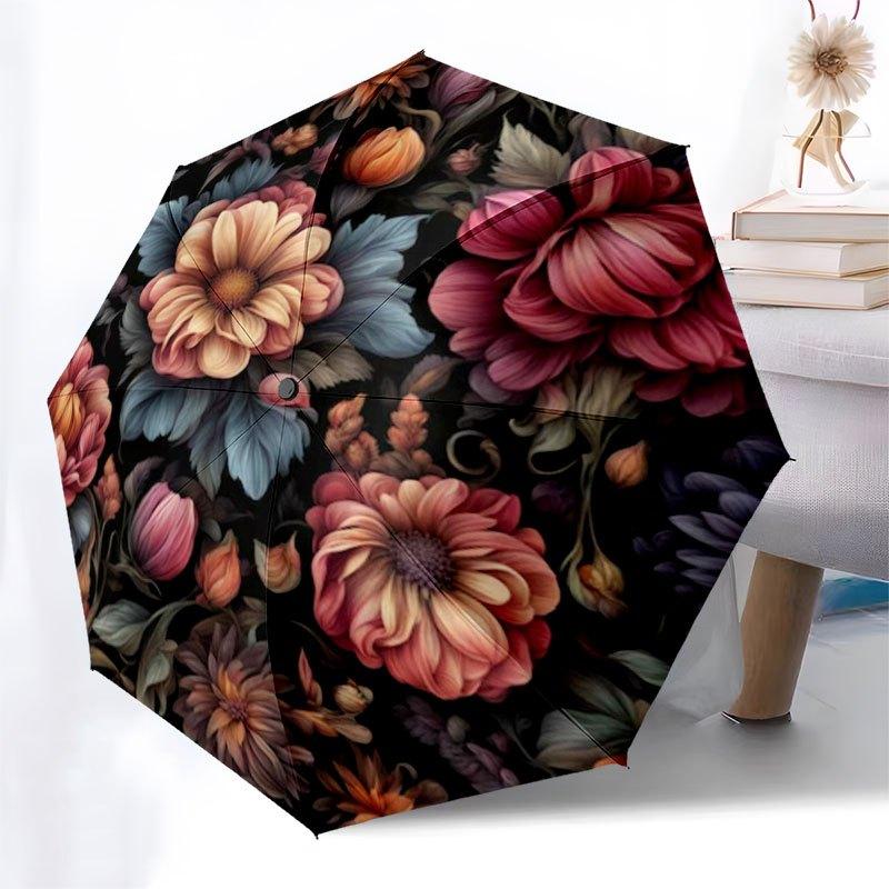 Floral Elegance: Vibrant Flower Patterned FabricUmbrella with Cute Design,Portable 3-Fold Compact Umbrella for Men&Women,Valentine's Day Mot
