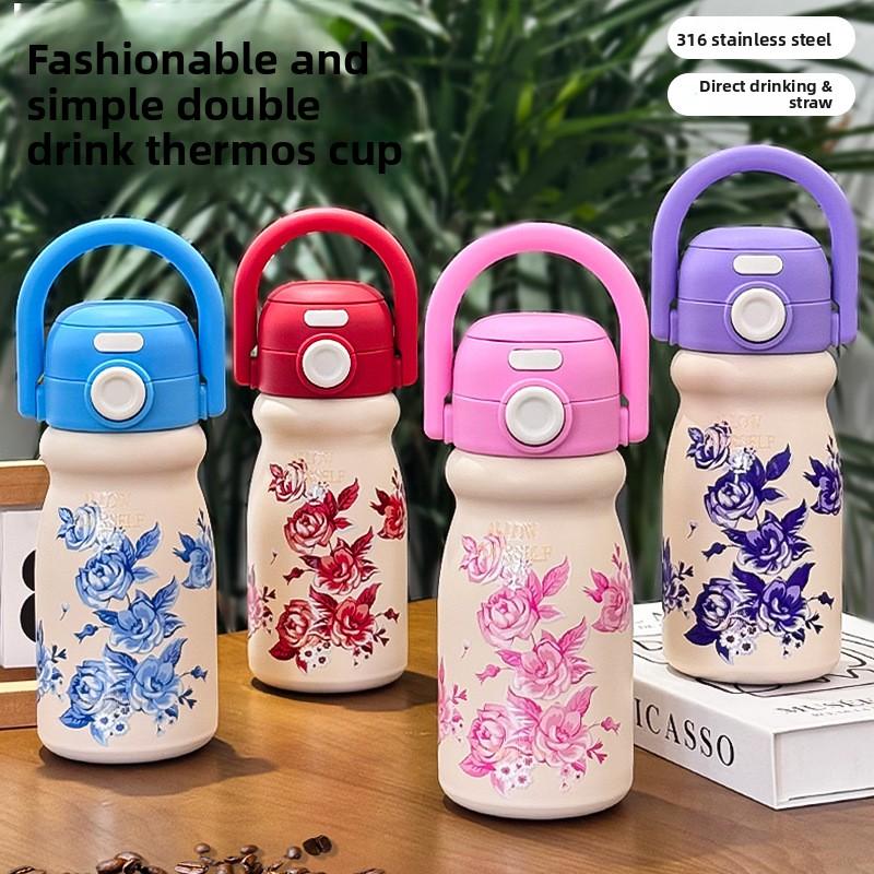 Carrying Pot Girl High Value Cute Double Drink Thermos Cup Large Capacity Portable Portable Student Straw Cartoon Water Cup