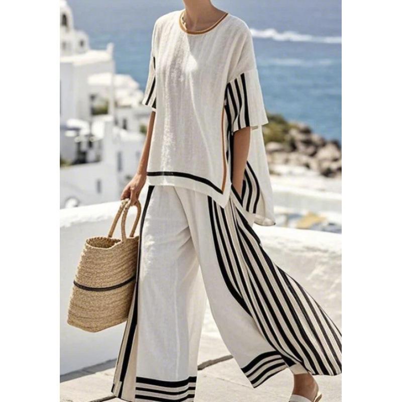 New striped linen suit women's summer loose casual wide-leg pants two-piece literary and artistic style large-size blouse
