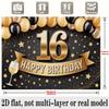 Golden 16th Birthday Banner, Balloons Photo Backdrop Wall Decor for Party