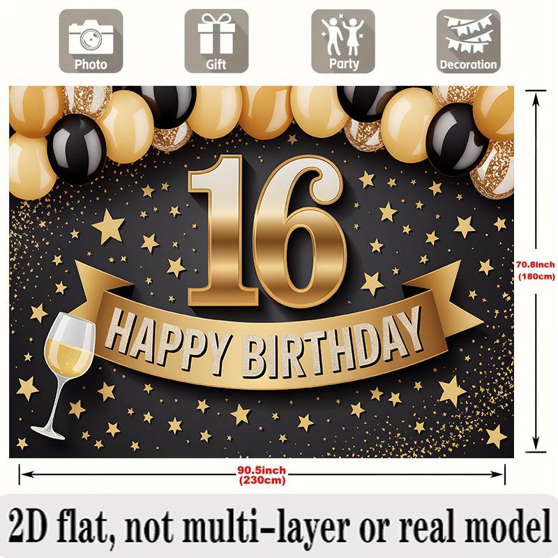 Golden 16th Birthday Banner, Balloons Photo Backdrop Wall Decor for Party