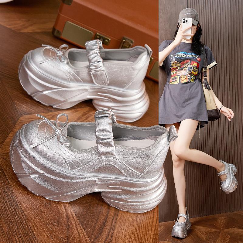 Platform Mary Jane shoes women's 2025 spring and summer new silver sweet bow inner height increase women's shoes versatile little white shoes