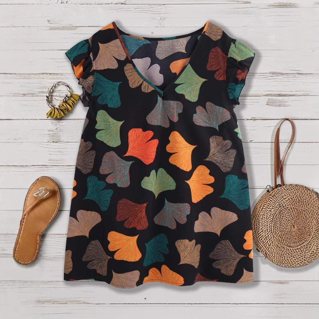 

Sleeveless Summer Top with Ginkgo Leaf Print - Slimming Printed Casual Oversized Loose Shirt 4XL чорний