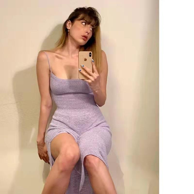 Vestido de Punto de Tirantes Largos de Color Sólido Moda Abertura Diseño Ajustado Casual Calle Mujer Bata Ropa para Viajes Salidas Vacaciones
