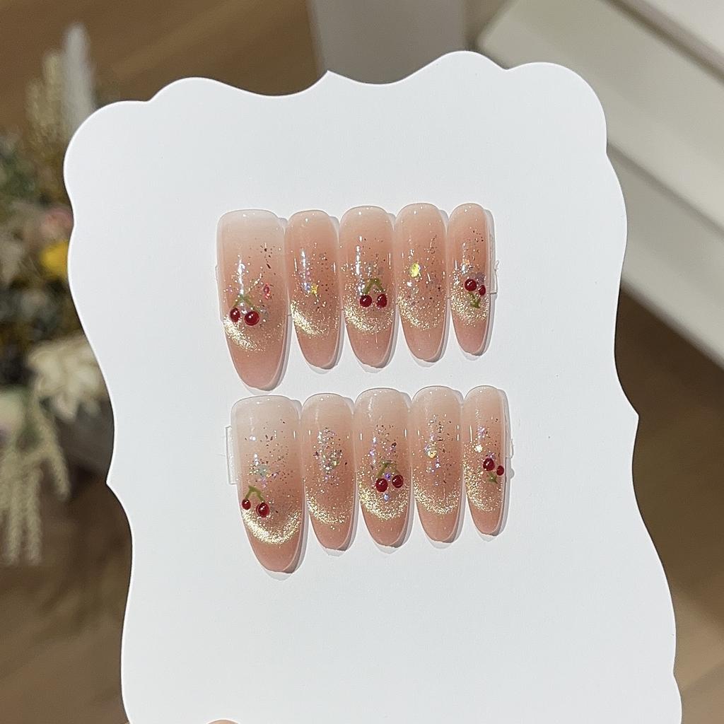 Kirsche Süßer Traum Handgezeichnet Niedlich Kirsche Blinzelnd Goldenes Lächeln Katzenauge Goldfolie Pailletten Rüstung tragen