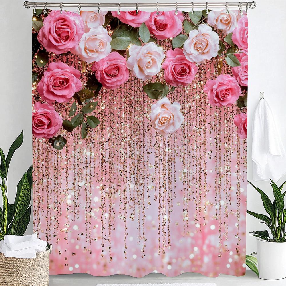 Rosa Blumen Duschvorhang für Damen, Braut, Hochzeit, Rosa Blumen, Romantisch, Geeignet für Mädchen, Hängender Vorhang Mit Haken