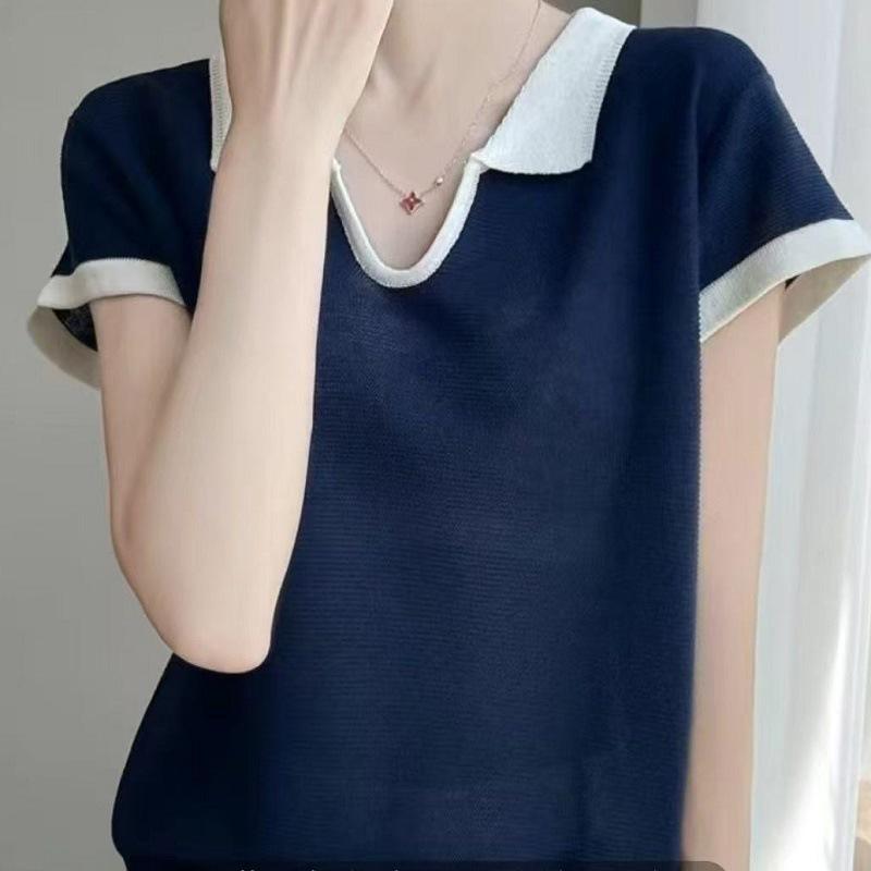 Women's Plus Size Color Block Lapel Knitted Short Sleeve Ice Silk T-Shirt - Loose, Versatile, High-End Summer Top