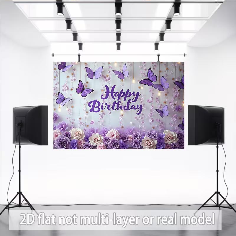 

2D Purple Butterfly Happy Birthday Backdrop Banner Floral Photography Background for Party Decor 47.2x31.5inch/120*80cm