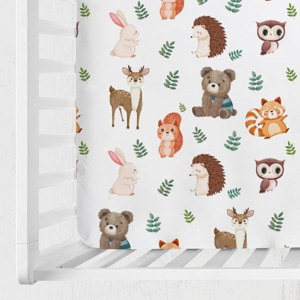Cute Woodland Animals Leaves Baby Crib Sheet 52''x28'' Bear Raccoon Squirrel Deer Rabbit Hedgehog Owl Fitted Crib Cover for Boy Girl Nursery Crib